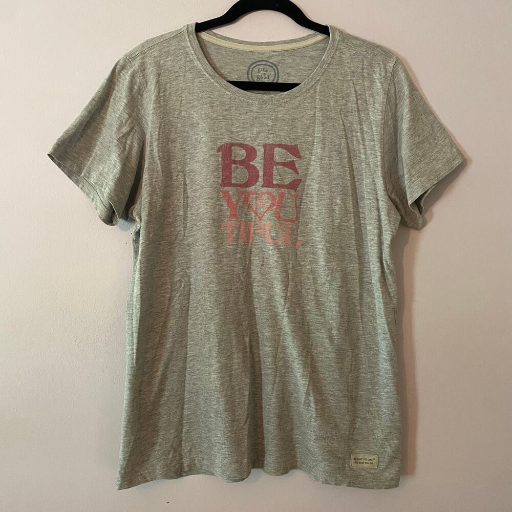 Life Is Good Gray Pink "Beautiful" T-Shirt Loungewear Athleisure Women's Large